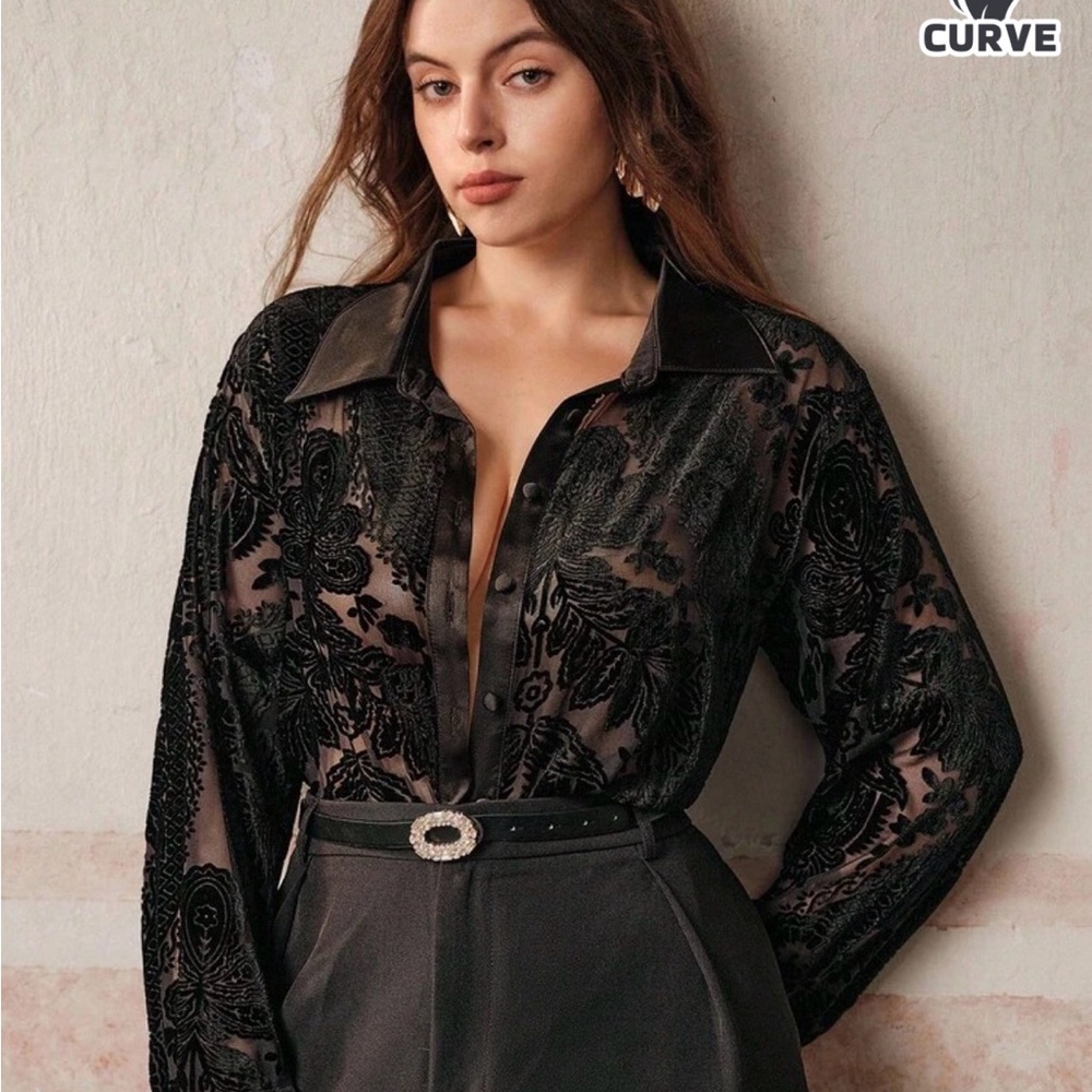 Velvet Burnout Button-Down Shirt - Black